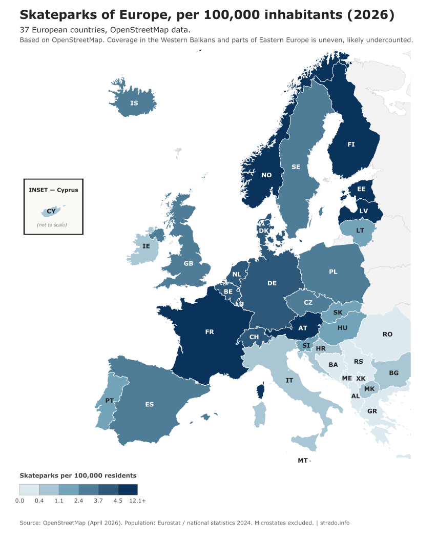 Choropleth map of Europe showing skateparks per 100,000 residents