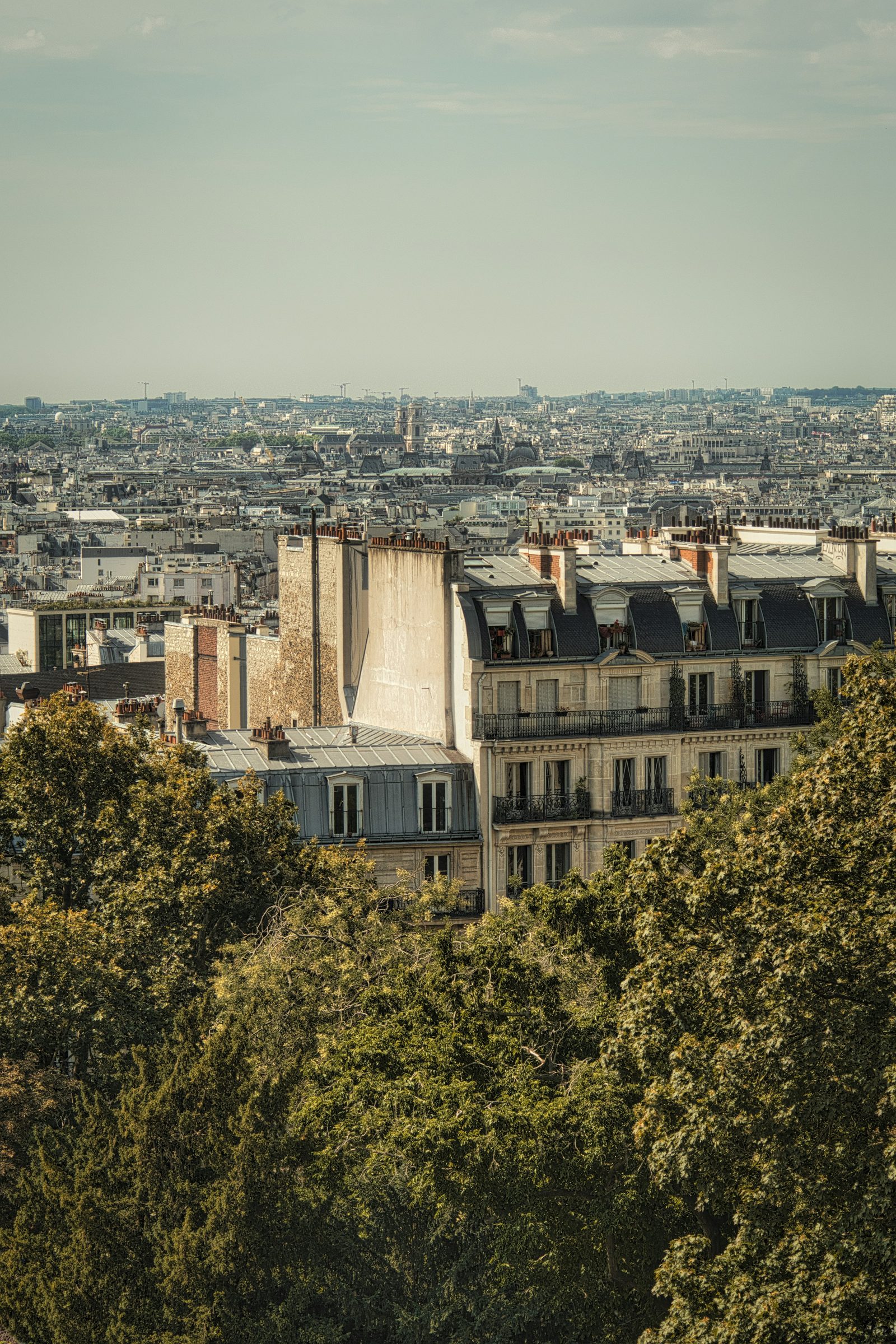 Paris rooftops with chimney pots in late afternoon light