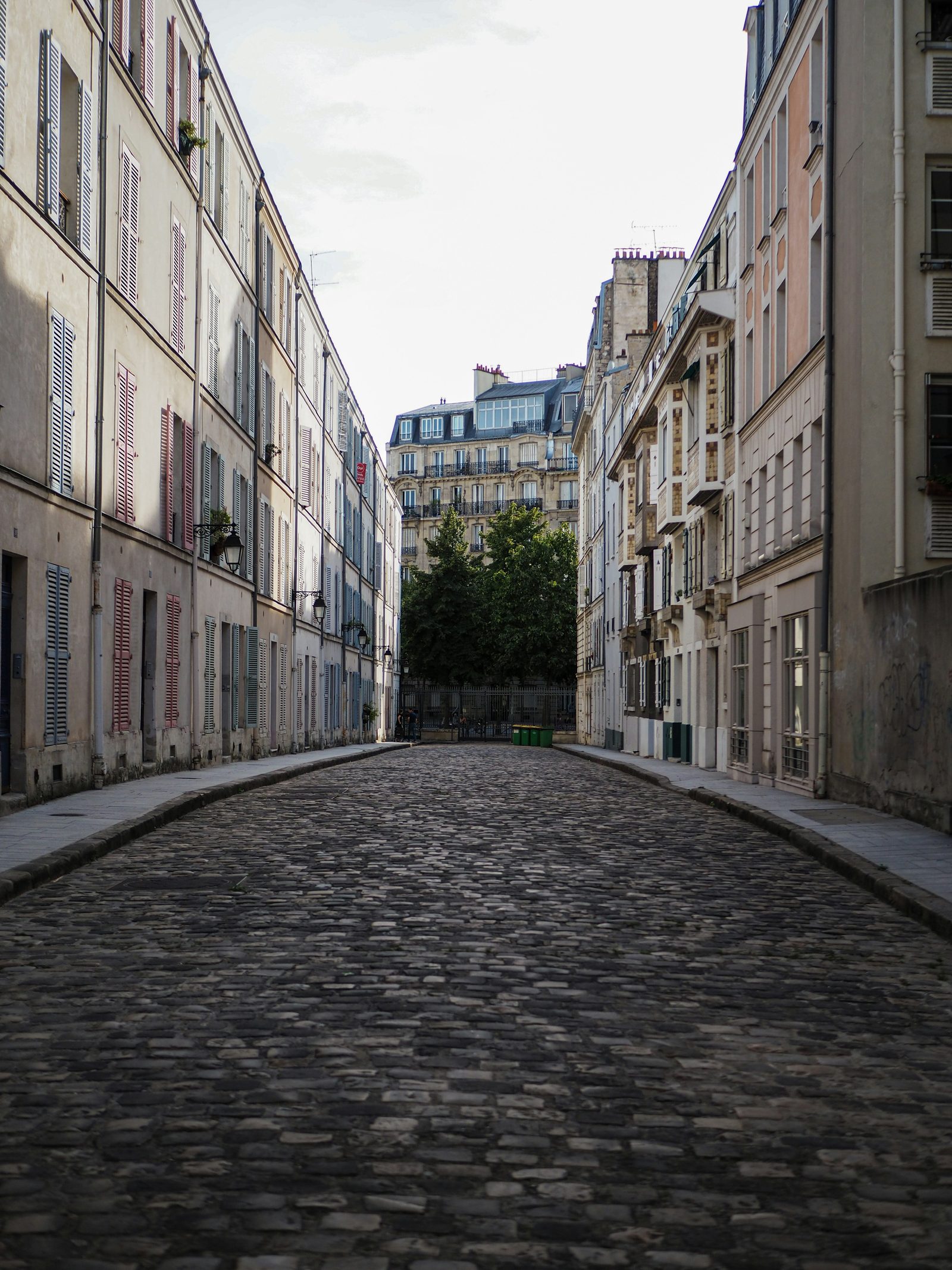 A cobblestone Paris street between Haussmann buildings