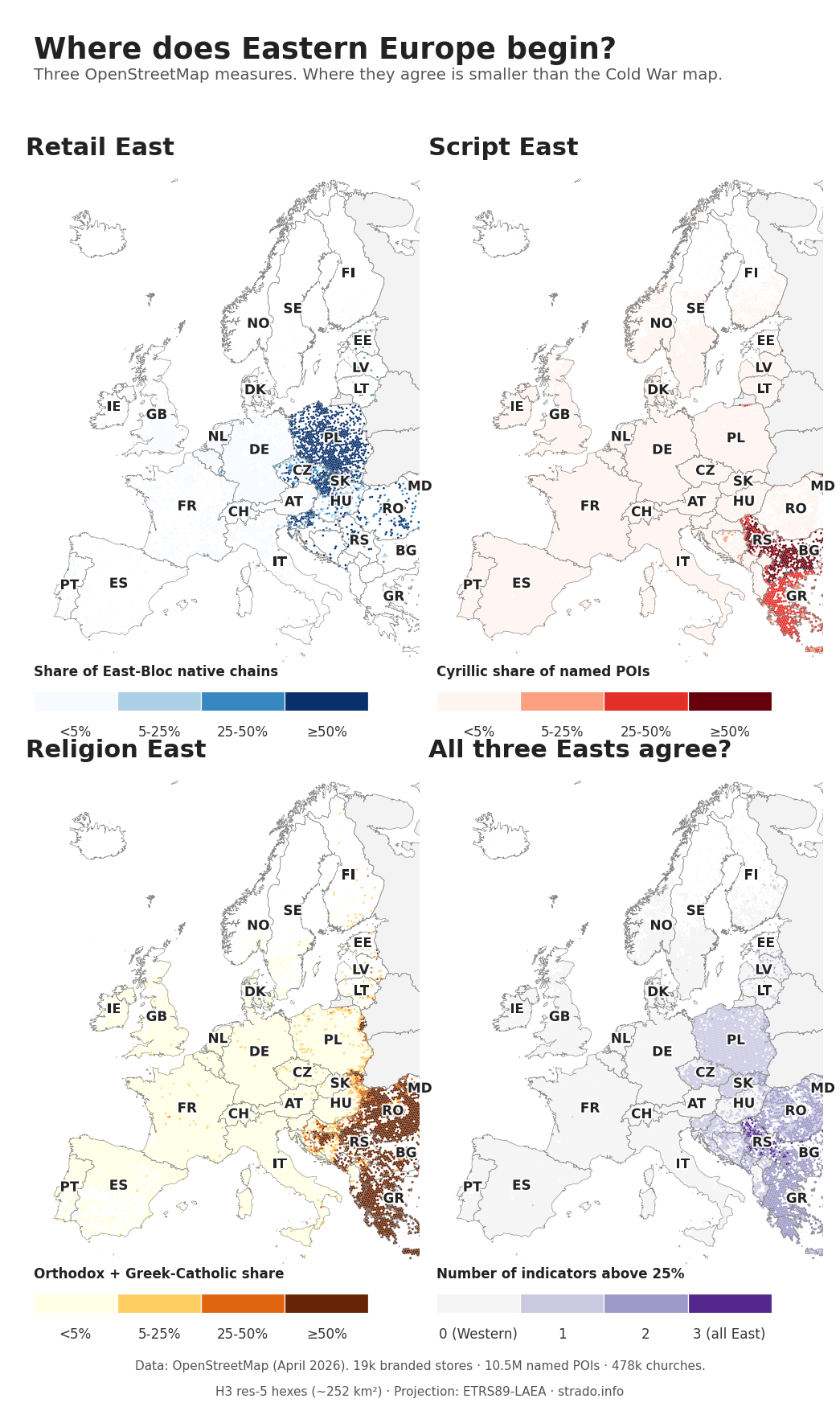 Four-panel choropleth of Europe showing where retail chains, alphabet, and Christian denomination read as East, plus a consensus panel showing where all three agree
