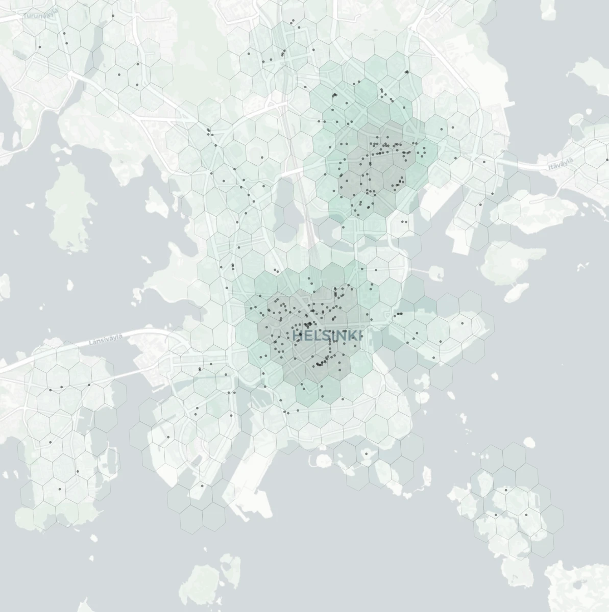 Helsinki Nightlife heatmap -- neighborhood scores