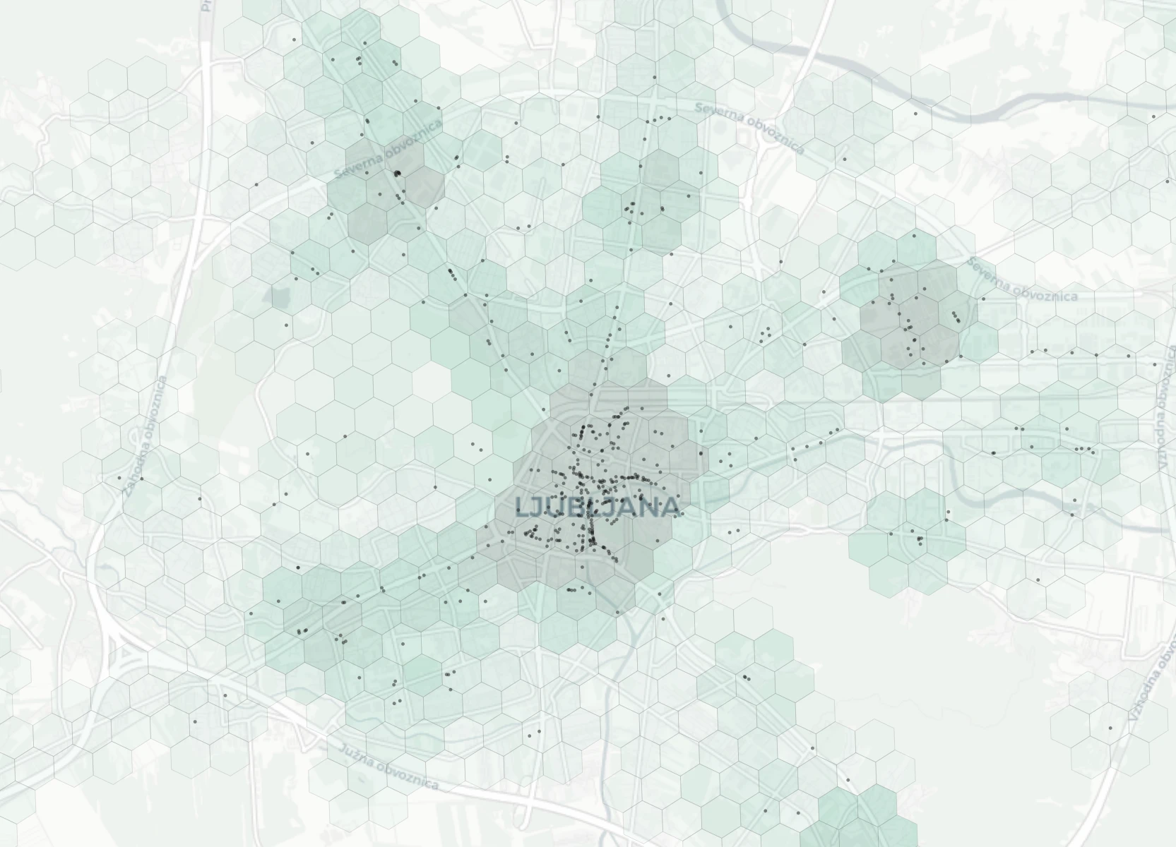 Ljubljana Dining heatmap -- neighborhood scores