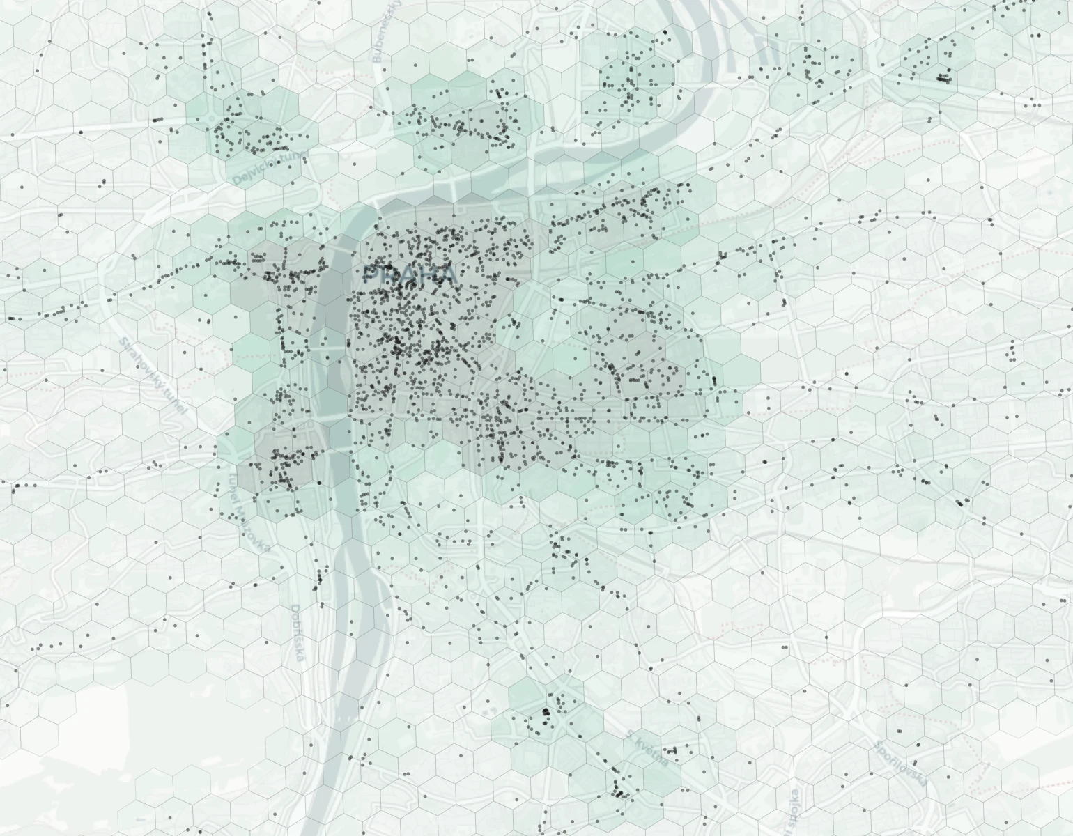 Prague Dining heatmap -- neighborhood scores