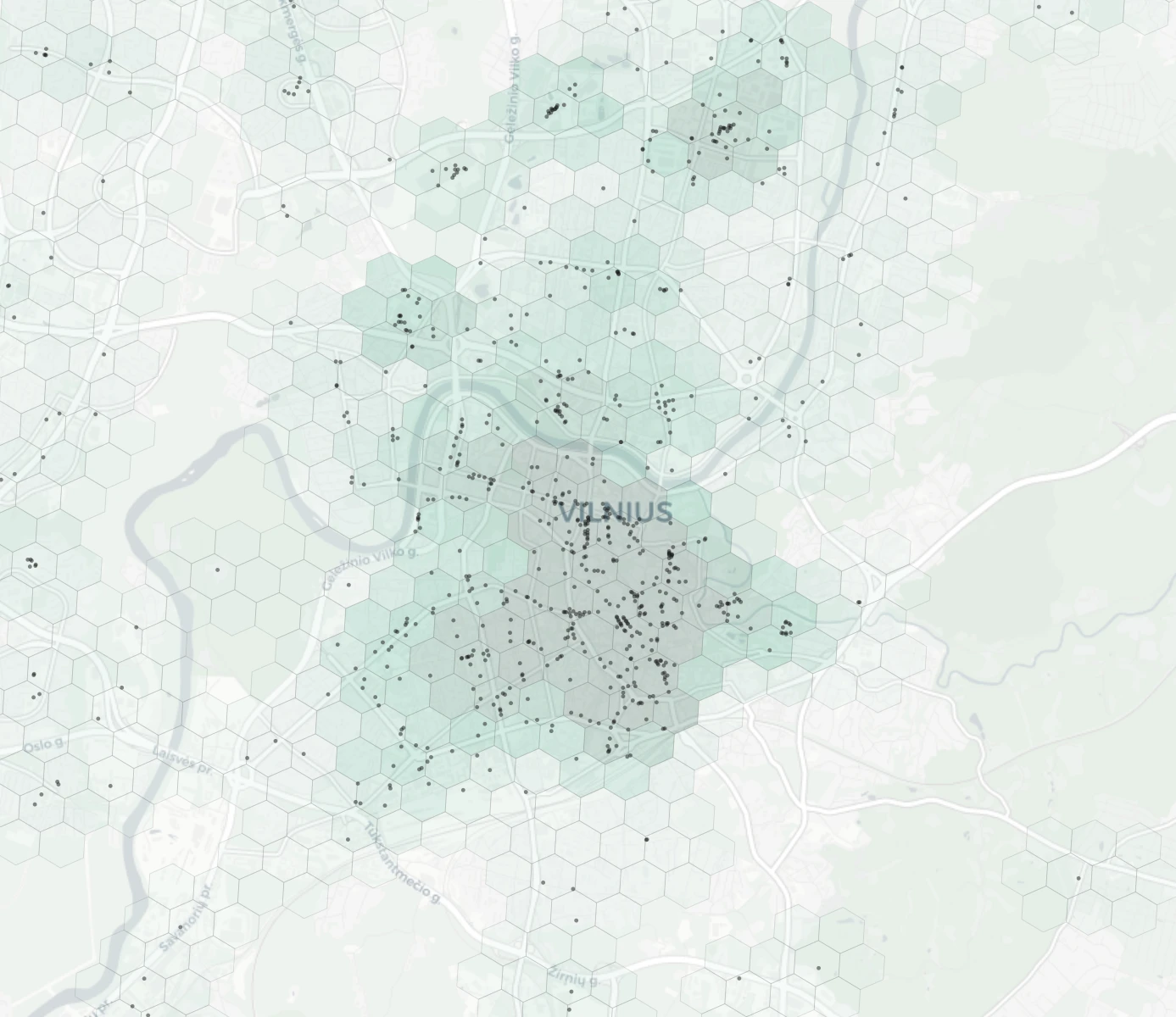 Vilnius Dining heatmap -- neighborhood scores